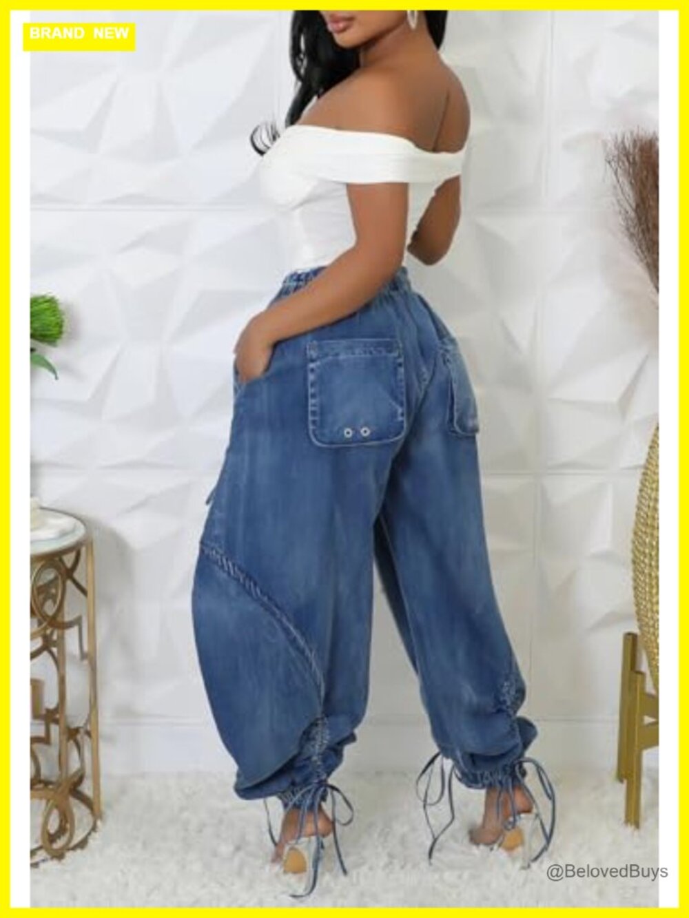 Baggy Cargo Jeans Joggers Drawstring High Waist Loose Wide Leg Denim Pants with - Picture 4 of 7